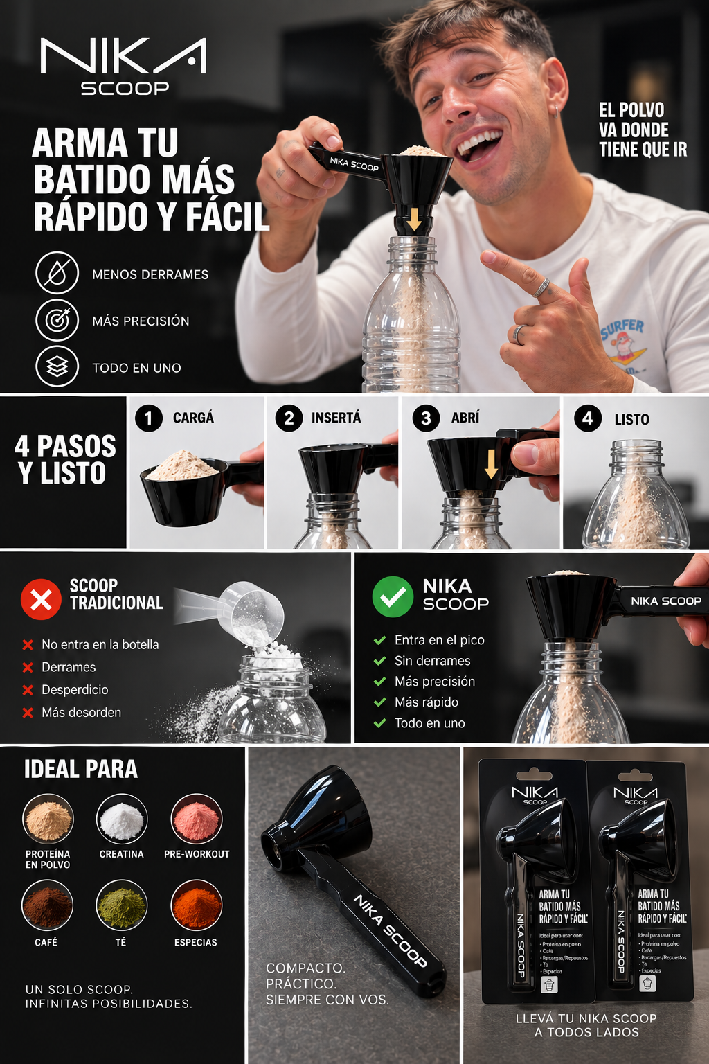 NIKA SCOOP™ | Cuchara Medidora + Embudo 2 en 1 Medí. Cargá. Sin derrames